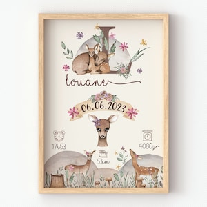 Pôster de nascimento personalizado, animais da floresta, veados pequenos, nascimento de bebê, presente para futura mãe