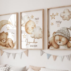 Lote de 3 carteles para la habitación del bebé, cartel del osito durmiendo para decoración de la habitación del niño con su nombre.