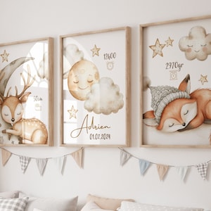 Set 3 Poster für Wald-Babyzimmer, Waldtiere, Hirsch-Fuchs-Poster, Poster für Kinderzimmer, süße schlafende Tiere