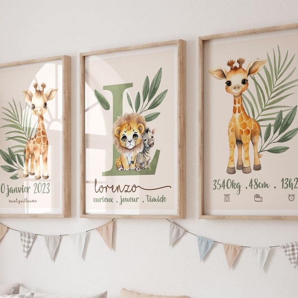 Set de 3 affiches naissance Safari, art mural tendance pour une chambre de bébé thème jungle. cadeau naissance de bébé.