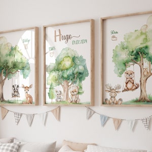 3 Waldtiere Wandposter, Wald Baby Namensposter, Wald Natur Babyzimmer Dekor, Waldtier Baby Poster, Zauberhafter Wald