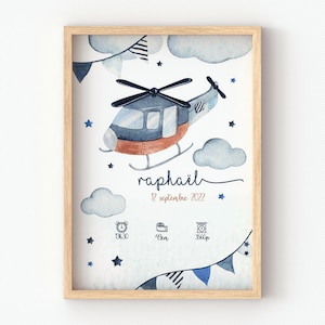 Poster blauer Hubschrauber für Kinder, personalisiertes Poster Baby mit Vornamen, Gewicht, Größe, Geburtsdatum des Babys, Rahmen für Jungen, Geburt des Babys