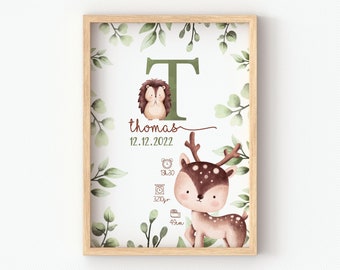 Affiche animaux des bois, petit cerf, petit hérisson , affiche personnalisée bébé pour une décoration chambre de bébé, cadeau de naissance