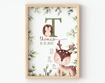 Poster met bosdieren, klein hert, klein egeltje, gepersonaliseerde babyposter voor babykamerdecoratie, geboortecadeau