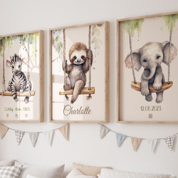 Set 3 affiches, Safari Bébé Personnalisé, Déco safari Bébé, Affiches Animaux Avec Prénom, zèbre paresseux éléphant, taille poids heure.