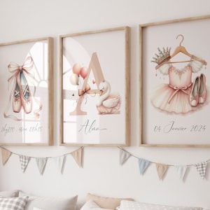 3 Affiches Chambre Enfant Fille Thème Danse avec prénom Personnalisé et initiale - affiche Ballerine rose,  décoration petite fille danseuse