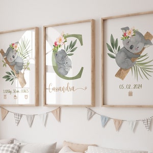 Conjunto de 3 carteles de bebé para la decoración de la pared de la habitación del bebé, cartel de koala, cartel de safari personalizado para niños, nacimiento de un niño.