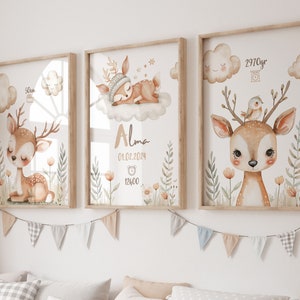Juego de 3 pósteres de habitación de bebé con temática de bosque, animales del bosque, póster de un lindo ciervo, póster para habitación infantil con el nombre del bebé.