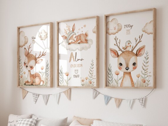 Set 3 affiches pour chambre de bébé foret, Animaux des bois, poster petit cerf  mignon affiche pour chambre d'enfant avec prénom du bébé