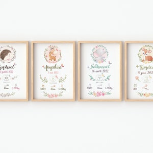 May include: Four framed prints with watercolor illustrations of animals, flowers, and zodiac signs. Each print includes a name, date, and birth information. The names are Raphael, Augustine, Nathanael, and Kayden.