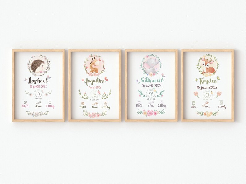 May include: Four framed prints with watercolor illustrations of animals, flowers, and zodiac signs. Each print includes a name, date, and birth information. The names are Raphael, Augustine, Nathanael, and Kayden.