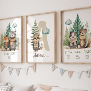 Conjunto de 3 posters personalizados com nome do bebé, altura, peso, hora de nascimento, data de nascimento, decoração do quarto do bebé.