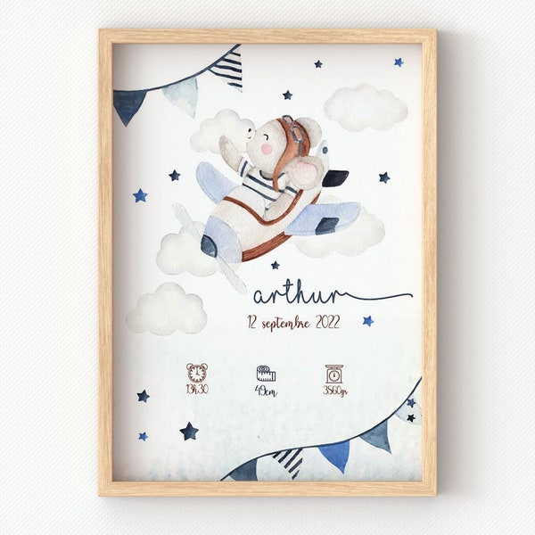 Affiche personnalisée bébé garçon, petite souris, avion bleu, affiche enfant pour une décoration murale chambre bébé, cadeau de naissance