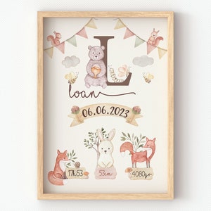 Póster de bebé personalizado para un regalo de nacimiento personalizado, nacimiento de un bebé, información sobre el nacimiento, animales del bosque