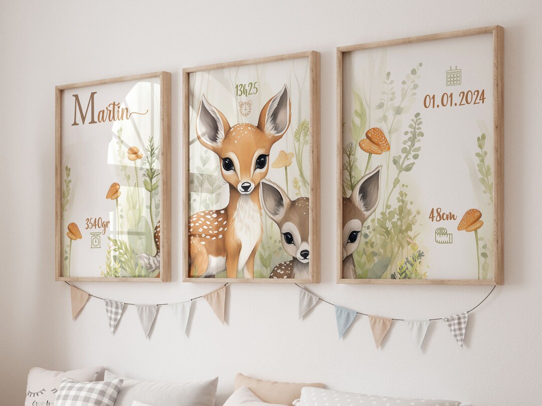 Lot 3 affiches animaux de la foret ,art mural pour une chambre d'enfant