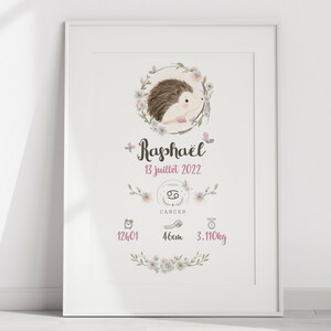 May include: A pink and white floral birth announcement poster with a hedgehog illustration. The poster includes the name Rapha&euml;l, the date 13 juillet 2022, the zodiac sign Cancer, and the birth stats 12:01, 46cm, and 3.110kg.