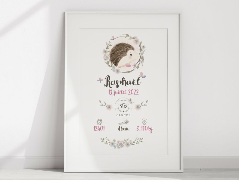 May include: A pink and white floral birth announcement poster with a hedgehog illustration. The poster includes the name Rapha&euml;l, the date 13 juillet 2022, the zodiac sign Cancer, and the birth stats 12:01, 46cm, and 3.110kg.