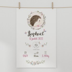 May include: A white printable birth announcement with a floral design. The announcement features a hedgehog illustration, the name "Rapha&euml;l", the date "13 juillet 2022", the zodiac sign Cancer, and the baby's birth stats: 12:01, 46cm, and 3.110kg.