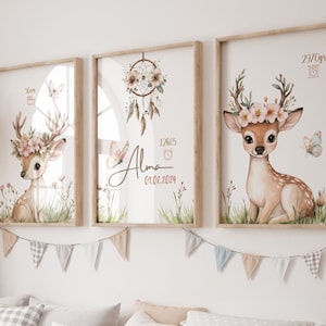 Set 3 affiches personnalisées au prénom d'un enfant illustrant des mignons petits cerfs