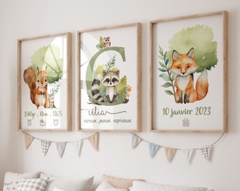 set of 3 woodland animal posters, personalized baby poster with first name and initial, fox squirrel, raccoon, forest child's room.