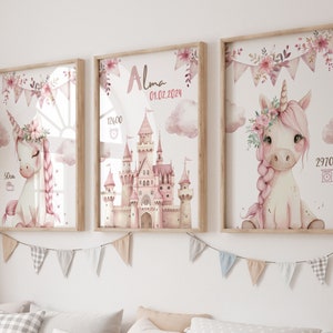 Lot 3 posters personnalisés, chambre petite fille rose, décoration murale licorne, posters fée et princesse, cadeau fille avec prénom.