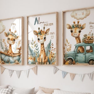 Lotto 3 poster, Baby Safari personalizzato, Decorazione colorata della giungla, Poster giraffa con nome, altezza peso ora di nascita