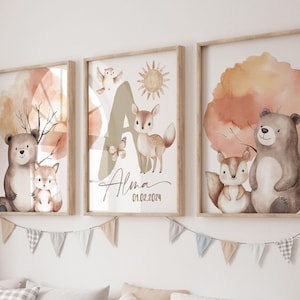 Set di 3 poster personalizzati - Animali della foresta - Orso e i suoi amici - Decorazione da parete per la cameretta del bambino