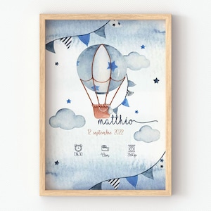 Póster de globo aerostático para niños, regalo de nacimiento para ofrecer a una futura mamá o para decorar la habitación de un bebé boho, póster personalizado