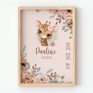 Affiche naissance girafe, prénom poids taille heure bébé, affiche personnalisée bébé pour une décoration murale de chambre bébé, naissance