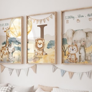 Los 3 Poster, personalisierte Baby-Safari, Dschungel-Baby-Dekoration, Tierposter mit Vornamen, Löwe, Tiger, Giraffe, Größe, Gewicht, Geburtszeitpunkt