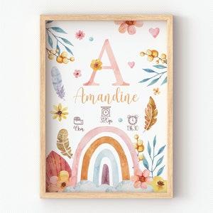Pôster de arco-íris, moldura boho colorida para decoração de parede de quarto de bebê, decoração de menina boho, presente de nascimento de bebê