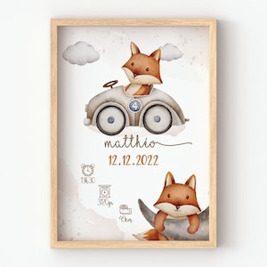 Plakat kleiner Fuchs, Aquarellauto, Waldtiere für die Wanddekoration eines Babyzimmers, Geschenk für junge Mutter, Geburt