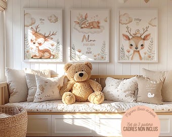 Set of 3 nursery posters: Forest, Woodland Animals, Cute Little Deer poster, Nursery poster with baby's name