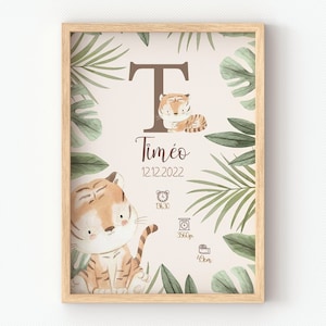 poster di tigre, animali della giungla, poster personalizzato per la decorazione della stanza del bambino nella giungla, regalo per la futura mamma, nome del bambino