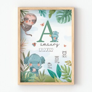 Poster zur Geburt Dschungel, personalisiertes Poster zur Dekoration des Babyzimmers, Geschenk zur Geburt einer jungen Mutter, Tiere der Savanne