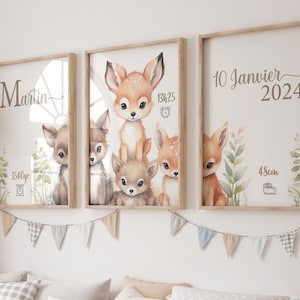 set di 3 poster di animali del bosco, poster personalizzato per bambini con il nome del bambino. data di nascita, peso, altezza, ora