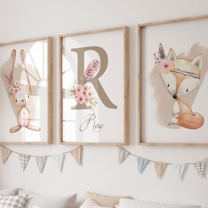 conjunto de 3 carteles de niña, animal boho, habitación de bebé boho, 3 carteles de bebé personalizados, cartel de nombre, regalo de nacimiento