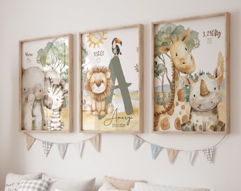 Set of 3 personalized posters, savannah theme baby decoration, Jungle animals baby posters, baby elephant illustration, lion giraffe