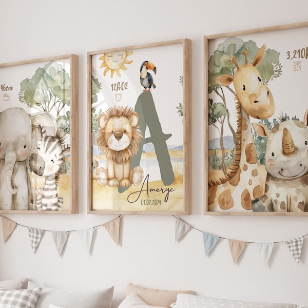 Lot 3 posters personnalisés, décoration bébé thème savane, Affiches bébé Animaux de la jungle, illustration bébé éléphant, lion girafe