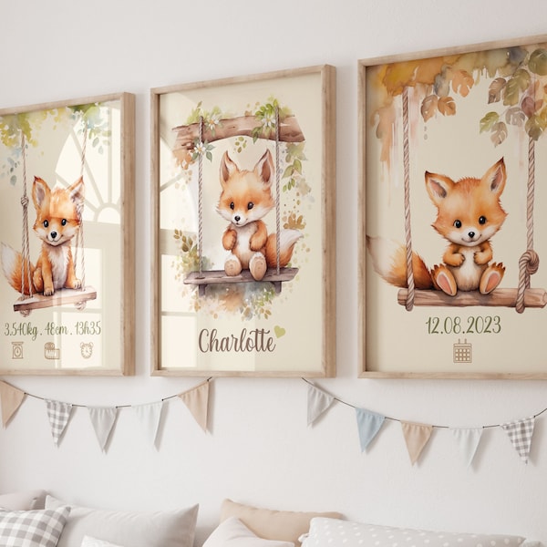 Set de 3 affiches personnalisée au prénom de bébé, mignons renard, animaux des bois, poster enfant, aquarelles renard