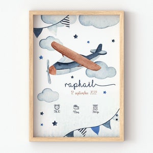 Blaues Flugzeug-Kinderplakat, Geburtsgeschenk für eine zukünftige Mutter oder zur Dekoration eines Boho-Babyzimmers, personalisiertes Poster