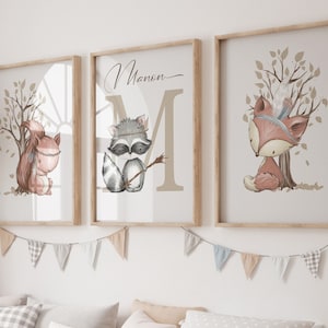 set di 3 poster per bambini personalizzati con il nome del bambino. simpatici animali del bosco, cameretta per bambini a tema foresta boho, 3 illustrazioni