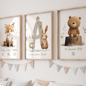 Set di 3 poster di animali del bosco, poster personalizzato per neonati con nome e iniziale, coniglietto, volpe, simpatico orsetto per la cameretta dei bambini.