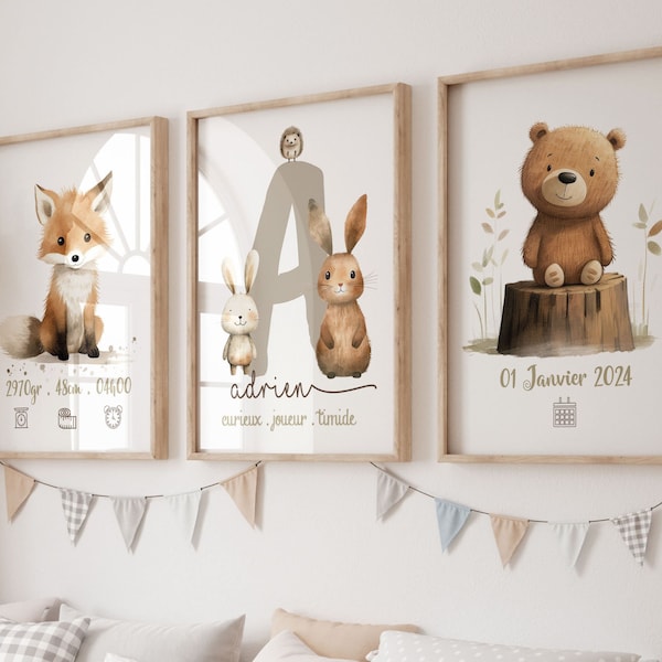 lot 3 affiches animaux des bois, affiche bébé personnalisée avec prénom et initial, petit lapin, petit renard, ours mignon chambre enfant.