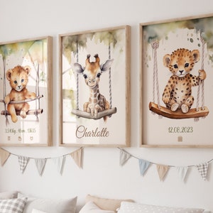 Lot 3 posters, Personalized Baby Safari, Baby Jungle Decoration, Animal Posters With First Name, lion tiger giraffe, height weight time of birth