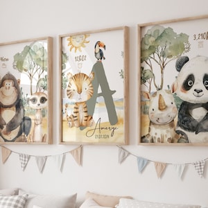 Lotto 3 poster personalizzati, decorazione per bambini a tema savana, poster per bambini con animali della giungla, illustrazione di baby panda, scimmia tigre.