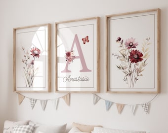 Set of 3 magenta wildflower posters, boho decoration, little girl's boho bedroom, girl's wall art with first name and initial.