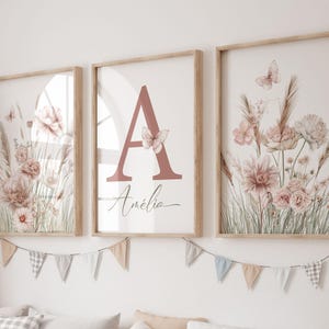 Set de 3 affiches fleurs sauvages roses, boho décoration, chambre bohème de petite fille, art mural fille avec prénom et initial.