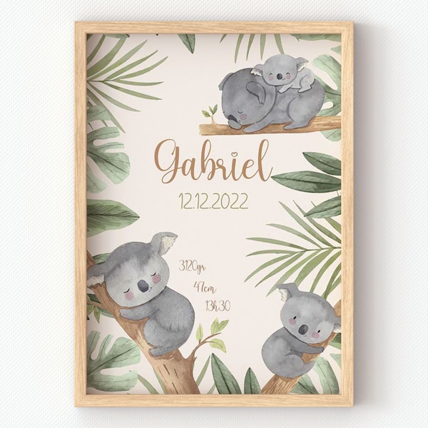 affiche enfant koala, affiche personnalisée bébé pour un cadeau de naissance, décoration chambre enfant, initiale prénom poids taille heure