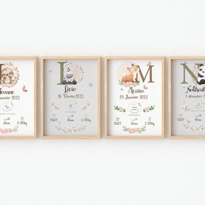 May include: Four framed prints with a floral design and a letter of the alphabet. Each print features a different animal, a baby's name, birth date, and birth stats. The animals are a sloth, a zebra, a deer, and a panda.